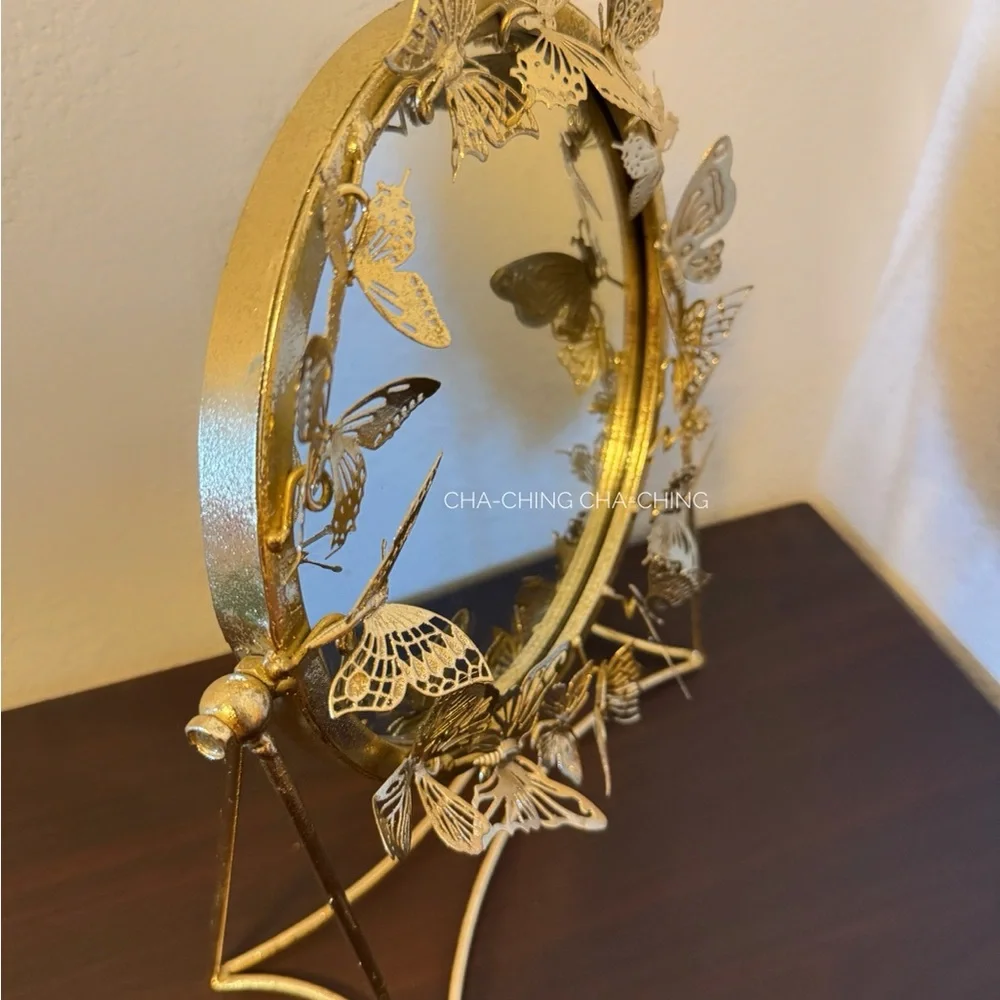 Vintage Gold Metal Round 3D Butterfly Standing Mirror